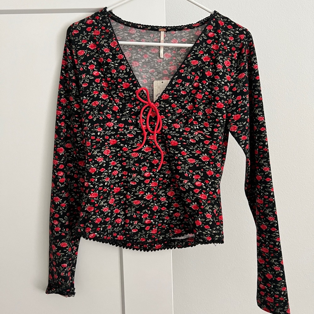 NWT Free People Black Rose Long Sleeve Top Size Small